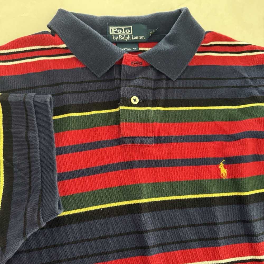 Polo Ralph Lauren Shirt Mens XL Blue Red Yellow Striped Custom Fit Short‎ Sleeve